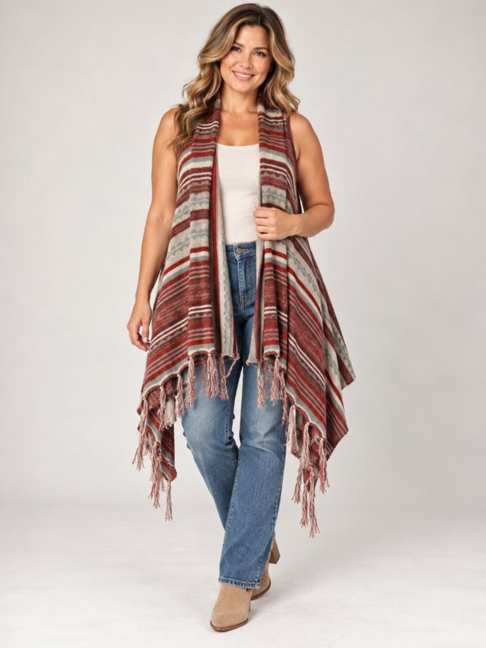 Energe World Wear Striped Fringe Boho Vest Small